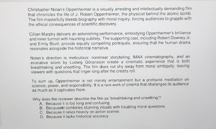 Intellectually Demanding Christopher Nolan's Oppenheimer is a | StudyX