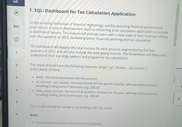 left 1 SQL Dashboard for Tax Calculation