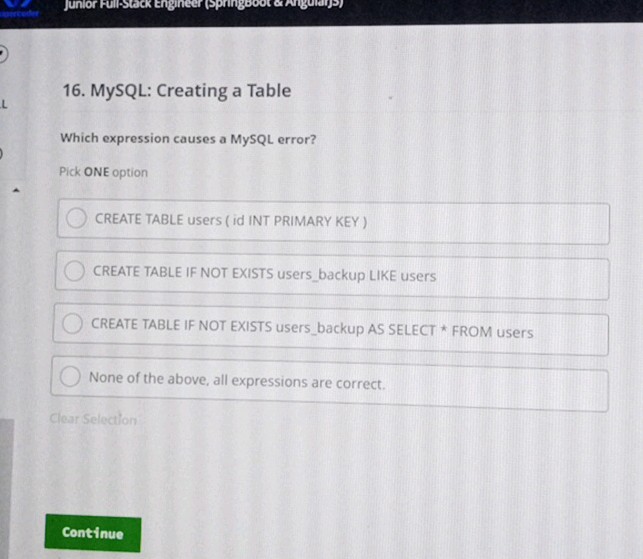 16 MySQL Creating a Table Which expression | StudyX