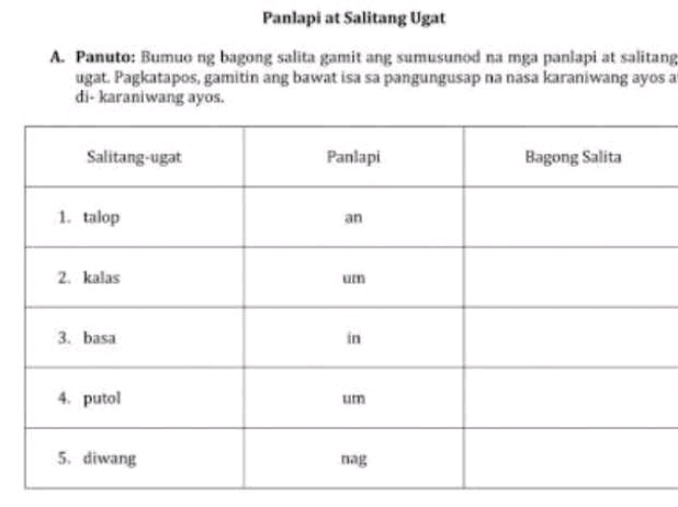 Paglapi Panlapi at Salitang Ugat A Panuto Bumuo ng