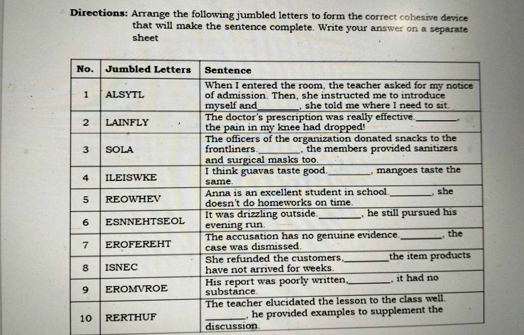 Directions Arrange the following jumbled | StudyX