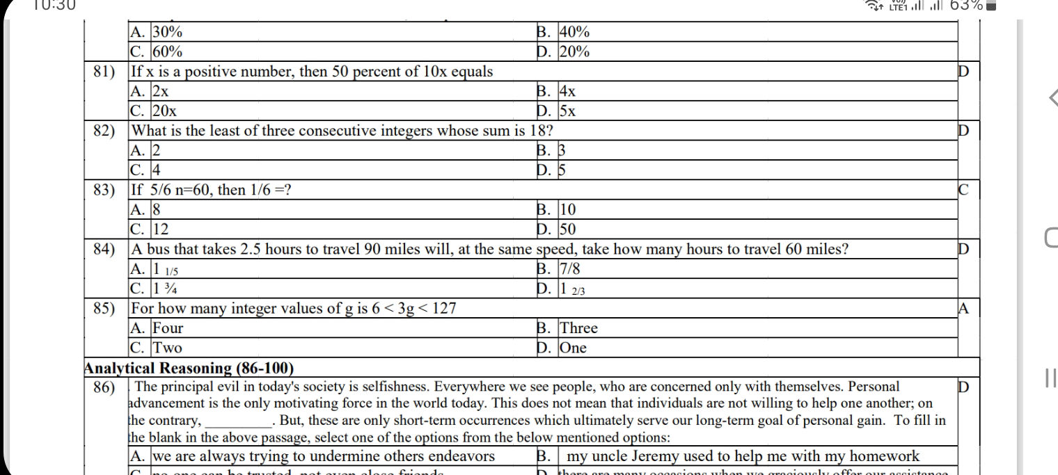If 5/6 n=60, then 1/6 =? A. 8 B. 10 C. 12 D.