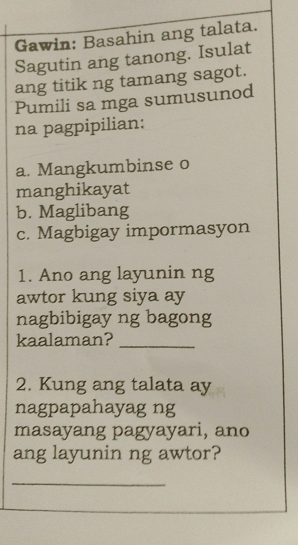Gawin: Basahin ang talata. Sagutin ang | StudyX