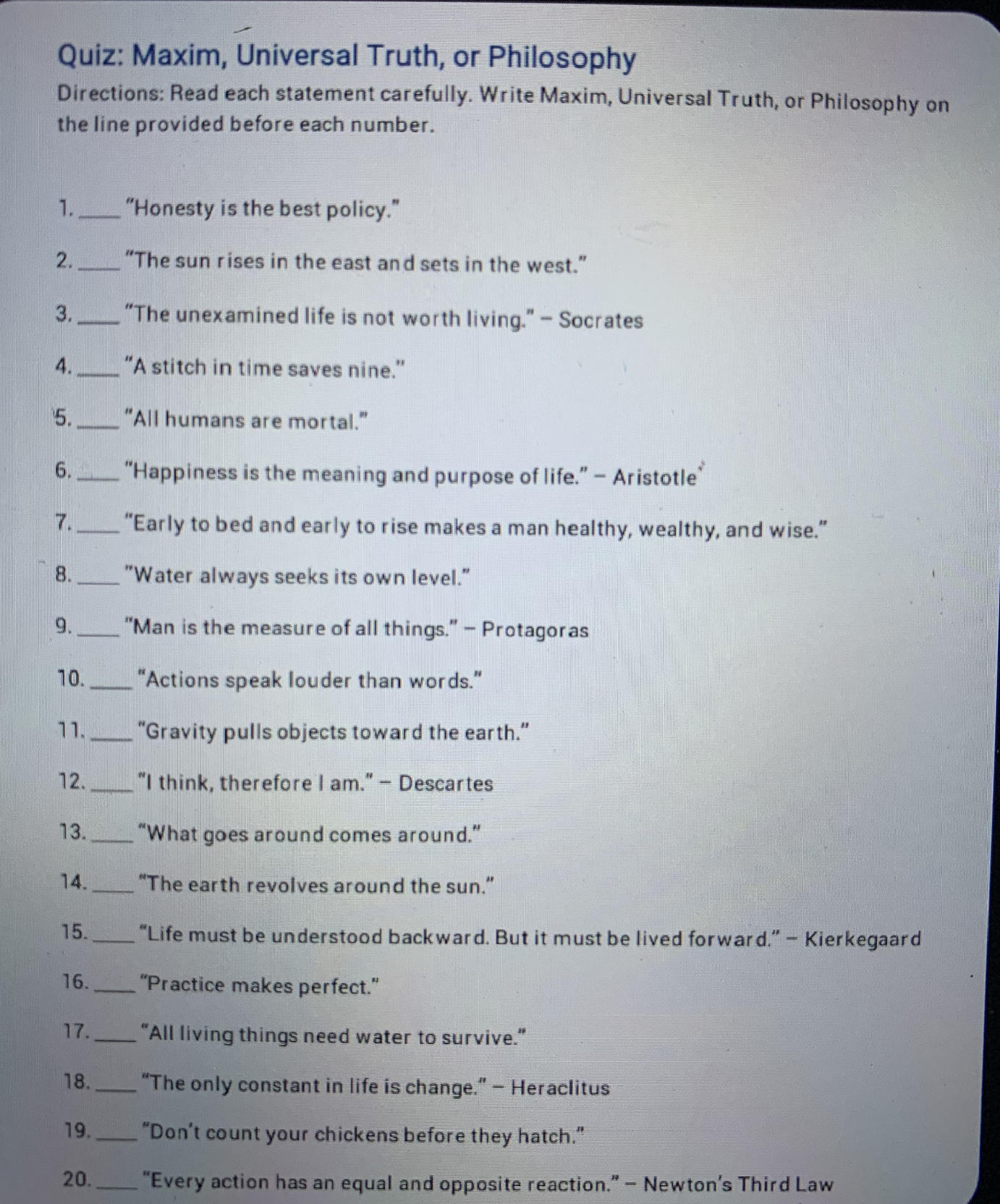 Maxim's Worksheets.pdf Quiz: Maxim, Universal Truth, or Philosophy | StudyX