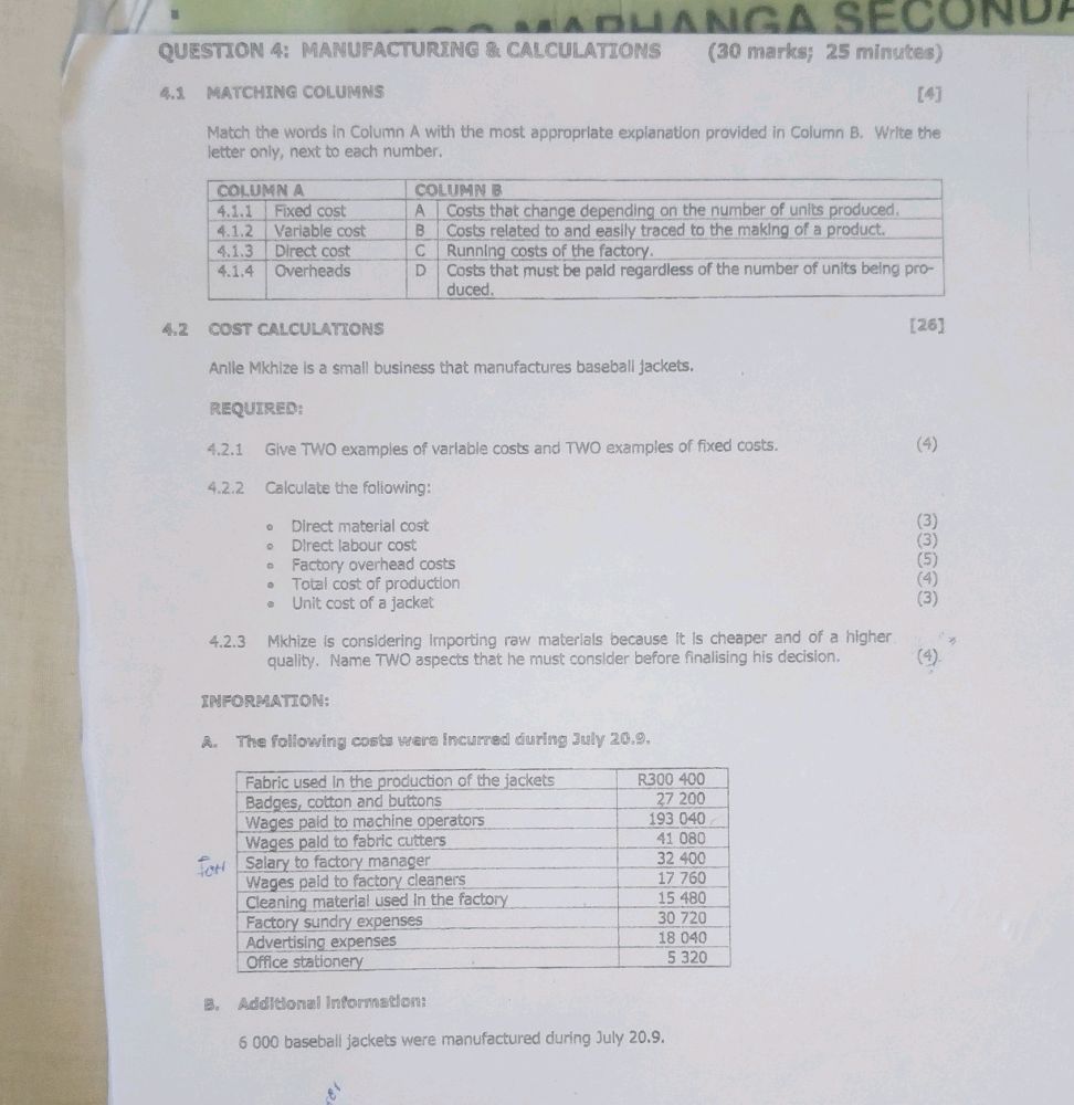 Manufacturing Math Test Questions QUESTION 4: MANUFACTURING CALCULATIONS (30 | StudyX