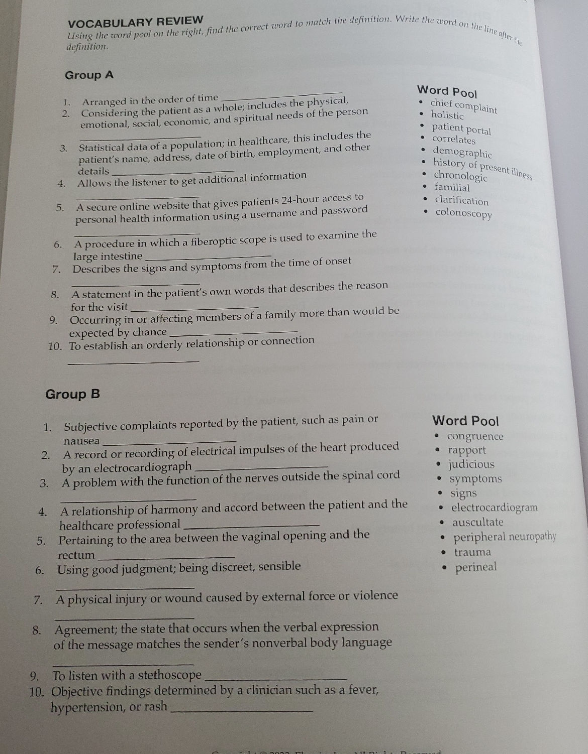 VOCABULARY REVIEW Using the word pool on the | StudyX