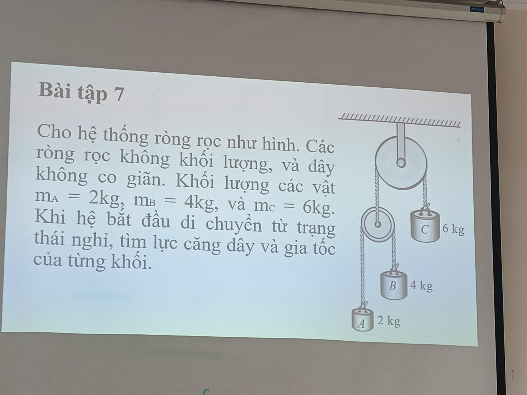 Bài tập 7 Cho hệ thống ròng rọc như hình.