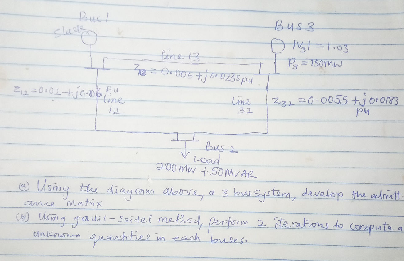 Here is the diagram of a 3 bus system: * | StudyX