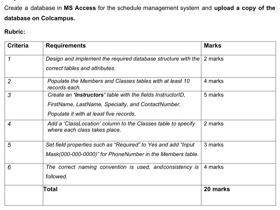 Create a database in MS Access for the | StudyX