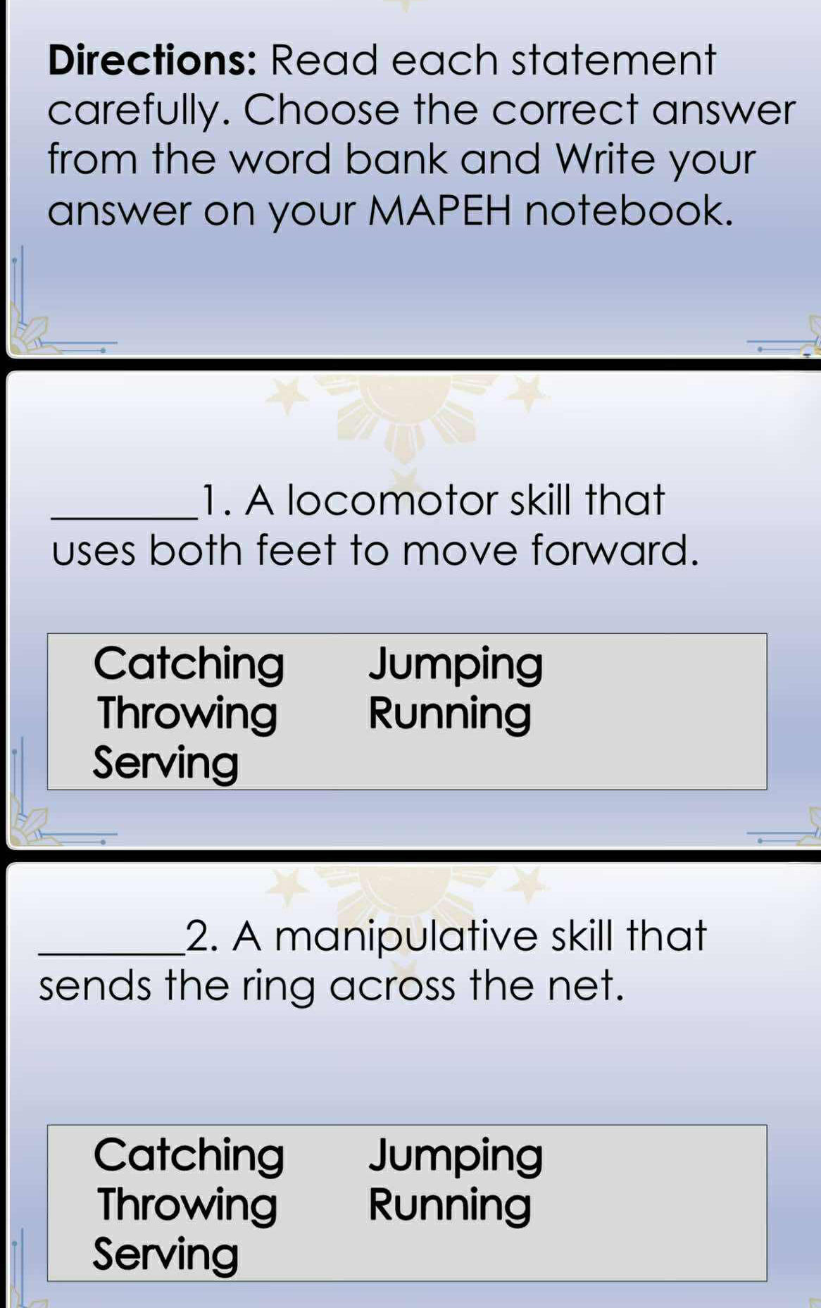 Directions: Read each statement carefully. | StudyX