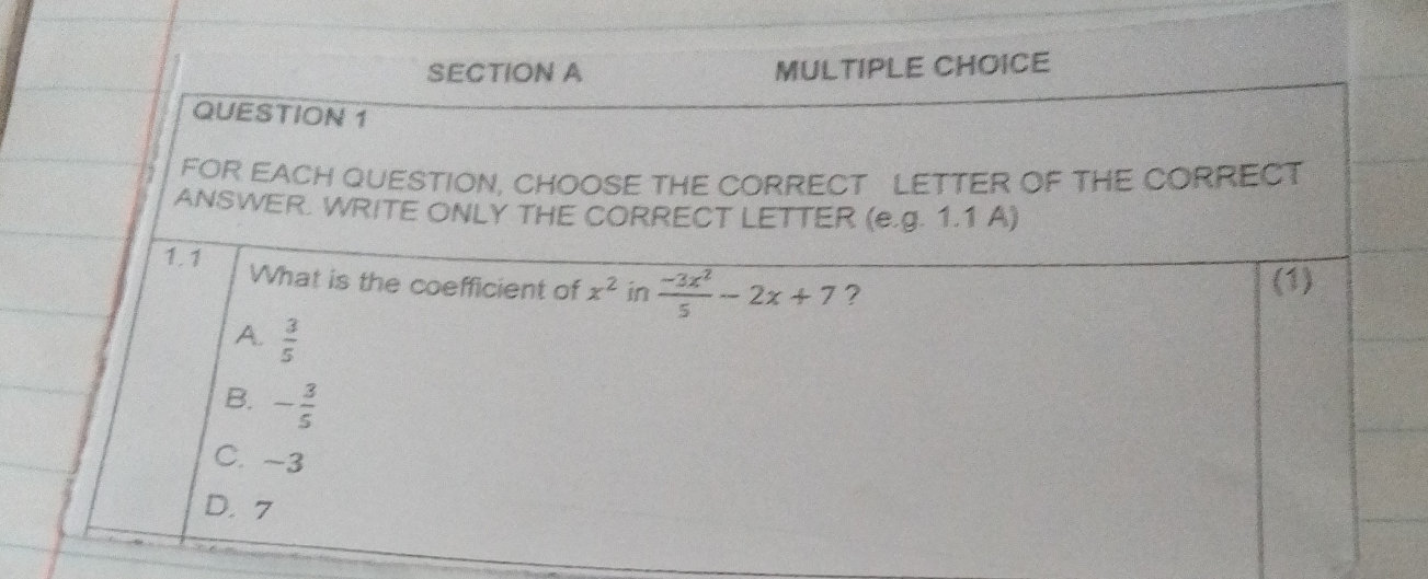 SECTION A QUESTION 1 MULTIPLE CHOICE FOR | StudyX
