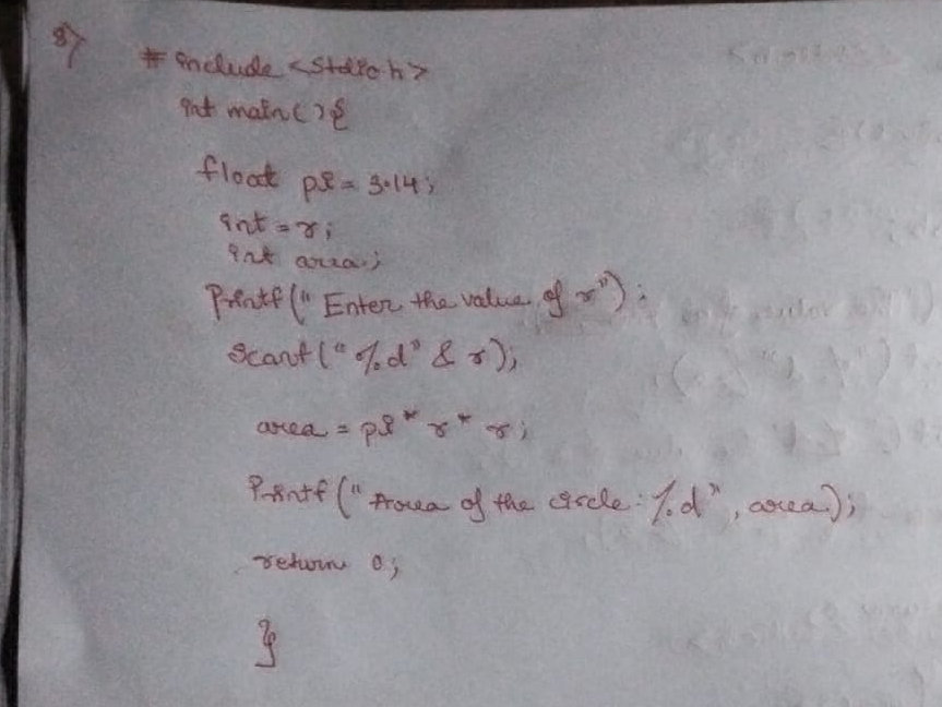 #include int main(){ float pi=3.14; int r; | StudyX