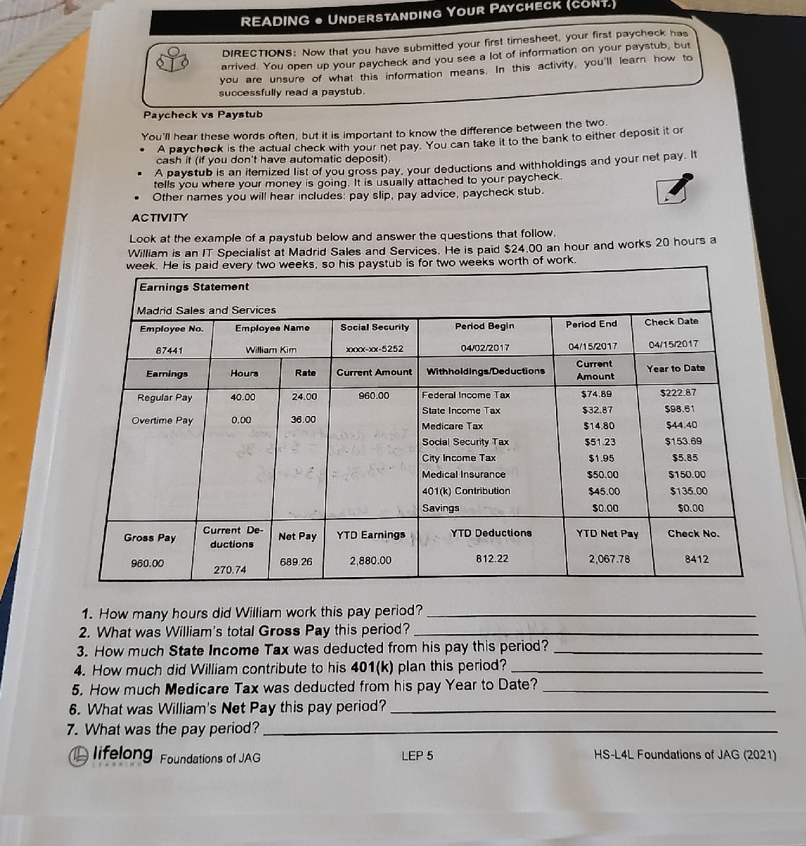 Paystub Problem Solving Answer Key Look at the example of a paystub below and | StudyX