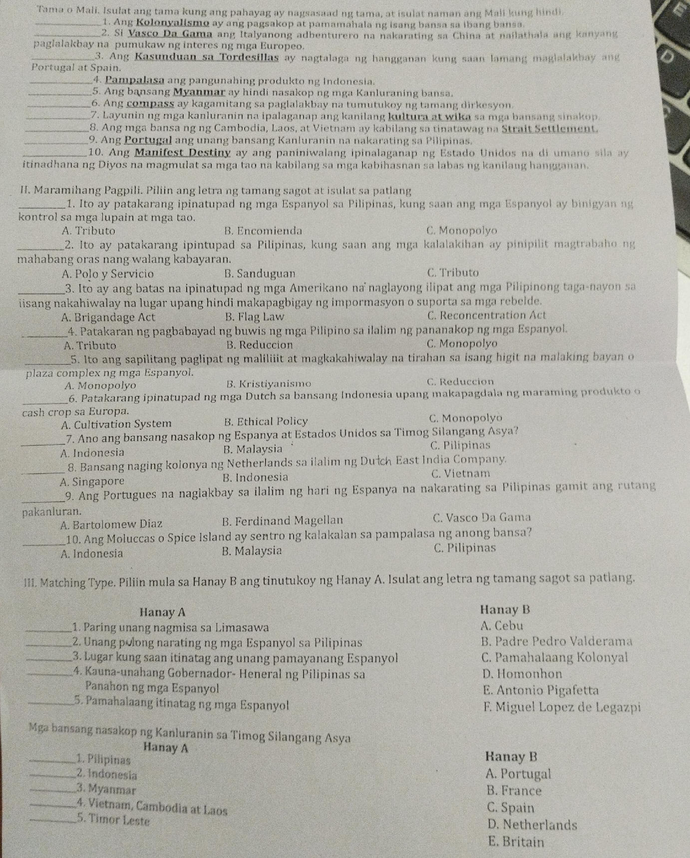 III. Matching Type. Piliin mula sa Hanay B | StudyX