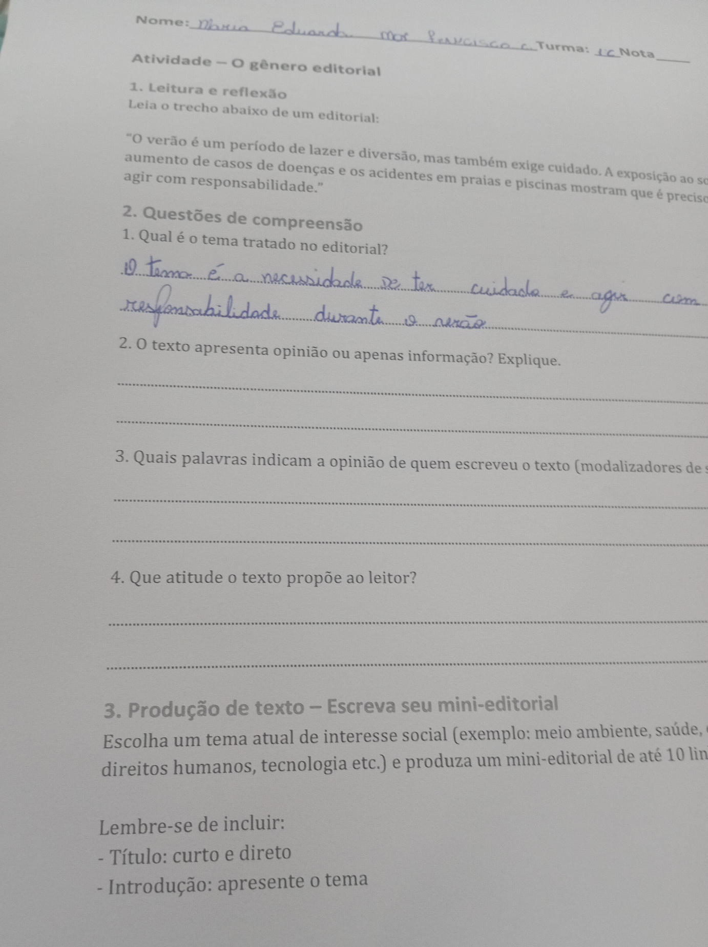1. Leitura e reflexão Leia o trecho abaixo | StudyX