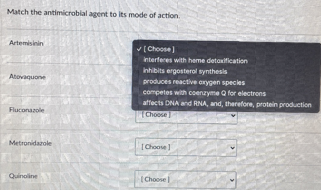 Match the antimicrobial agent to its mode of