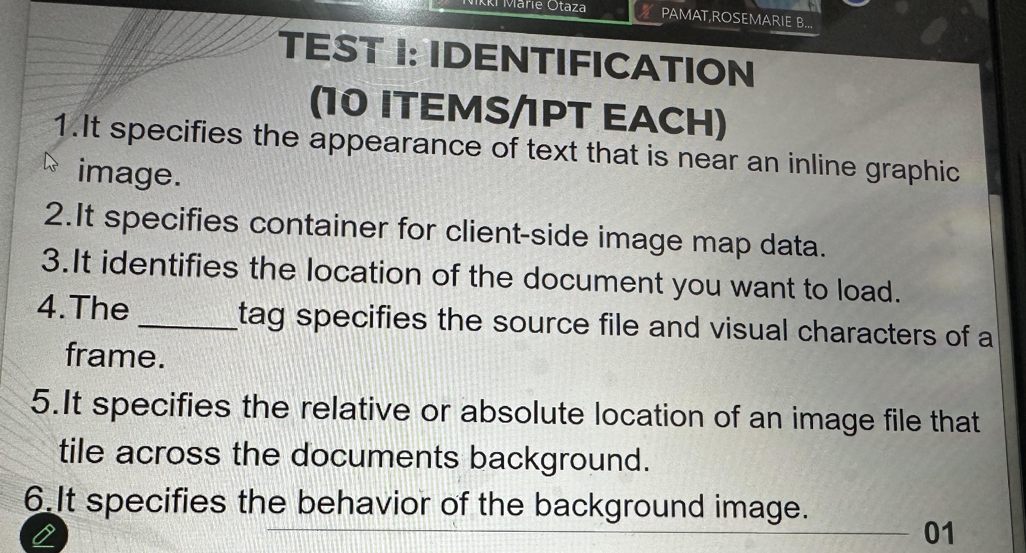 TEST I: IDENTIFICATION (10 ITEMS/1PT EACH) | StudyX