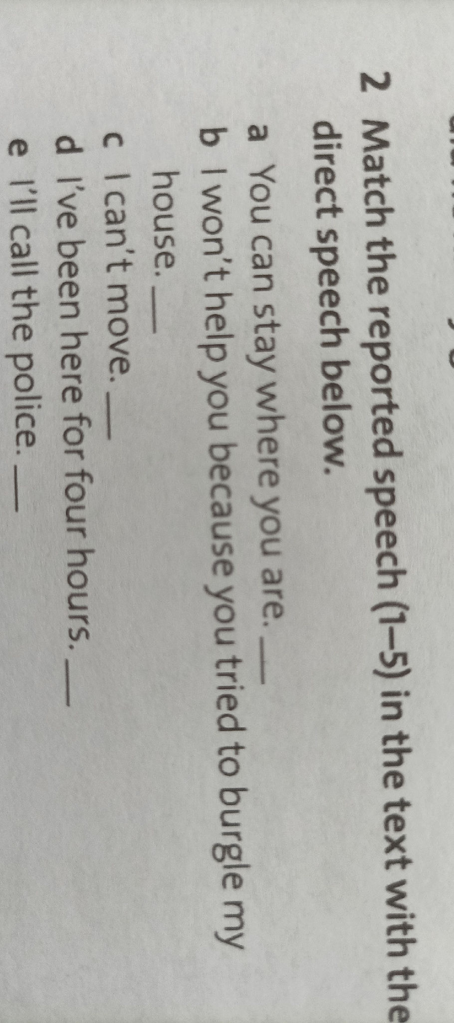 Match the reported speech (1-5) in the text