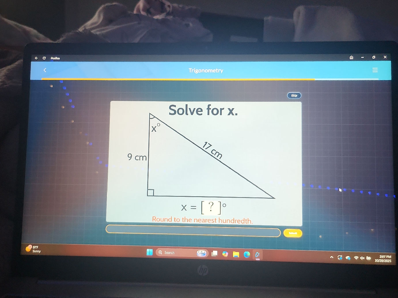 Solve for $x$. (Diagram of a right triangle | StudyX