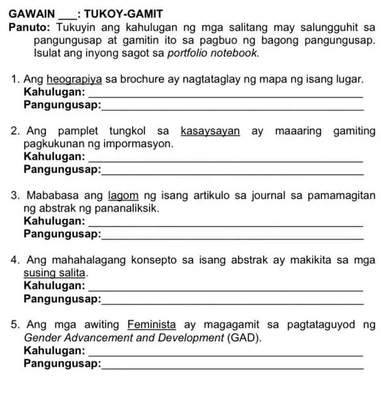 Tukuyan Examples GAWAIN: TUKOY-GAMIT Panuto: Tukuyin ang | StudyX