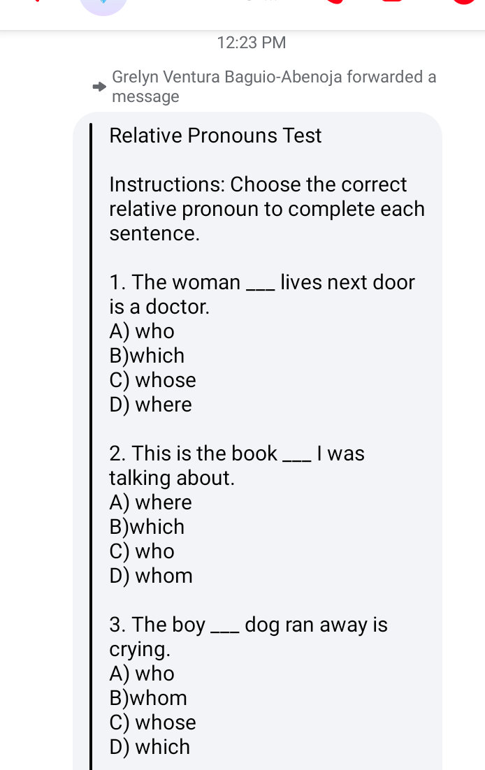 Instructions: Choose the correct relative | StudyX