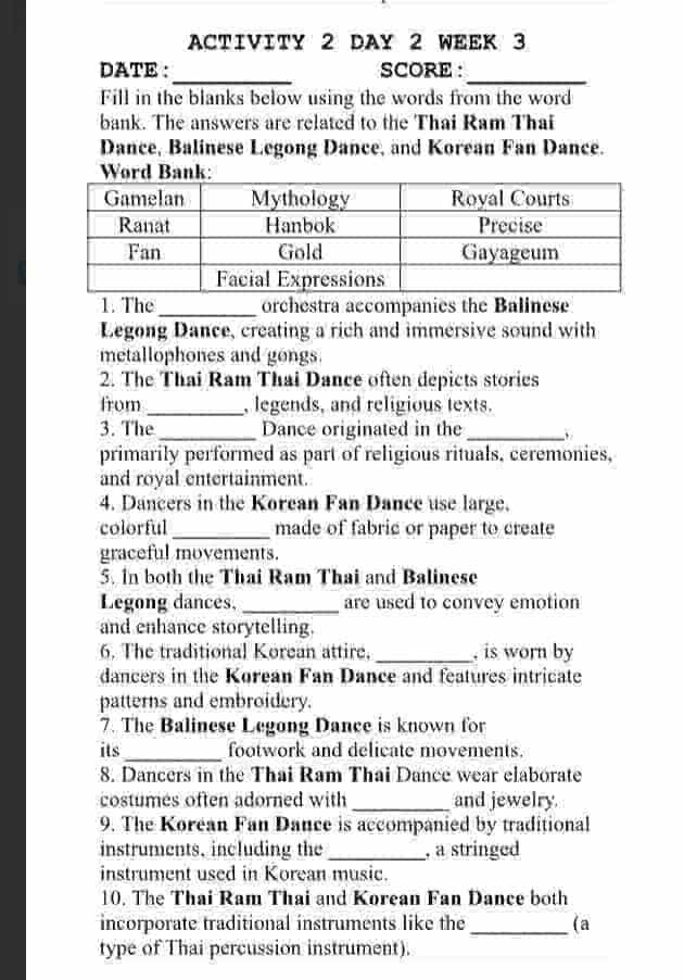 ACTIVITY 2 DAY 2 WEEK 3 DATE: SCORE: Fill | StudyX