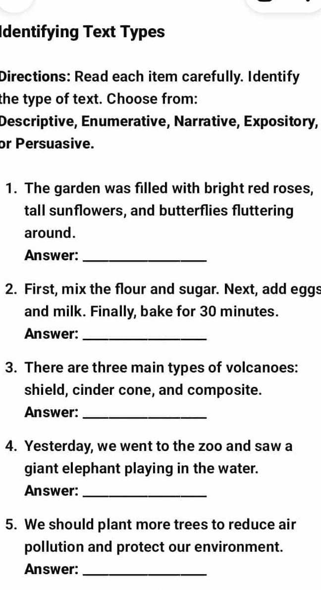 Identifying Text Types Directions: Read each