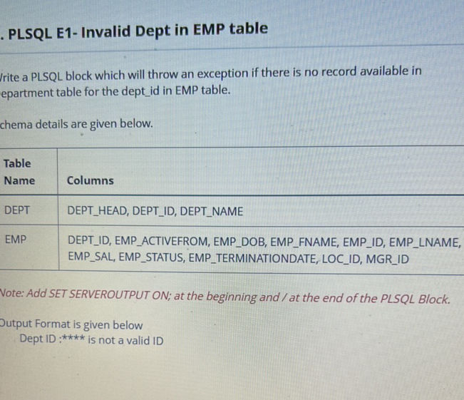 PLSQL E1- Invalid Dept in EMP table Write a