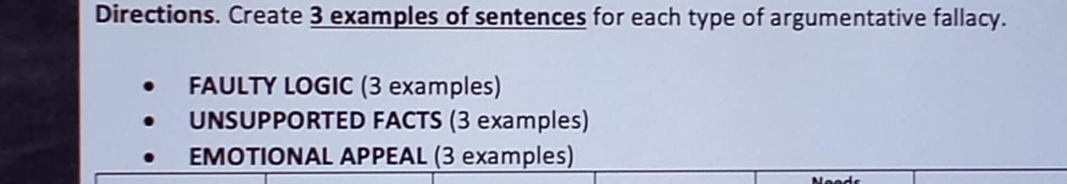 Directions. Create 3 examples of sentences | StudyX
