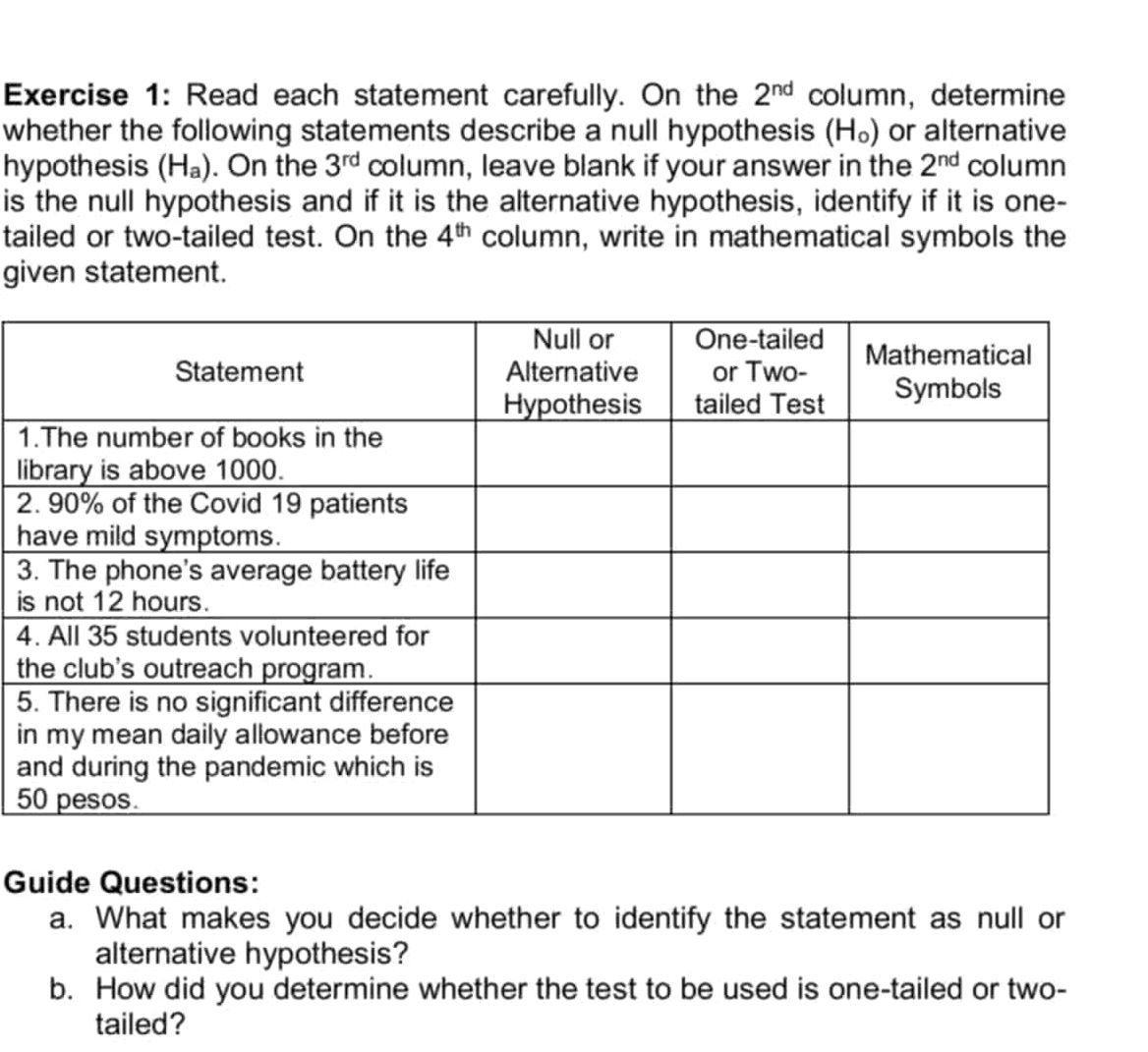 Exercise 1 Read each statement carefully On | StudyX