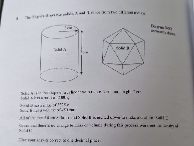 The diagram shows two solids, A and B, made