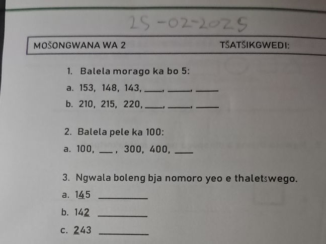 Balela morago ka bo 5: a. 153, 148, 143, b.