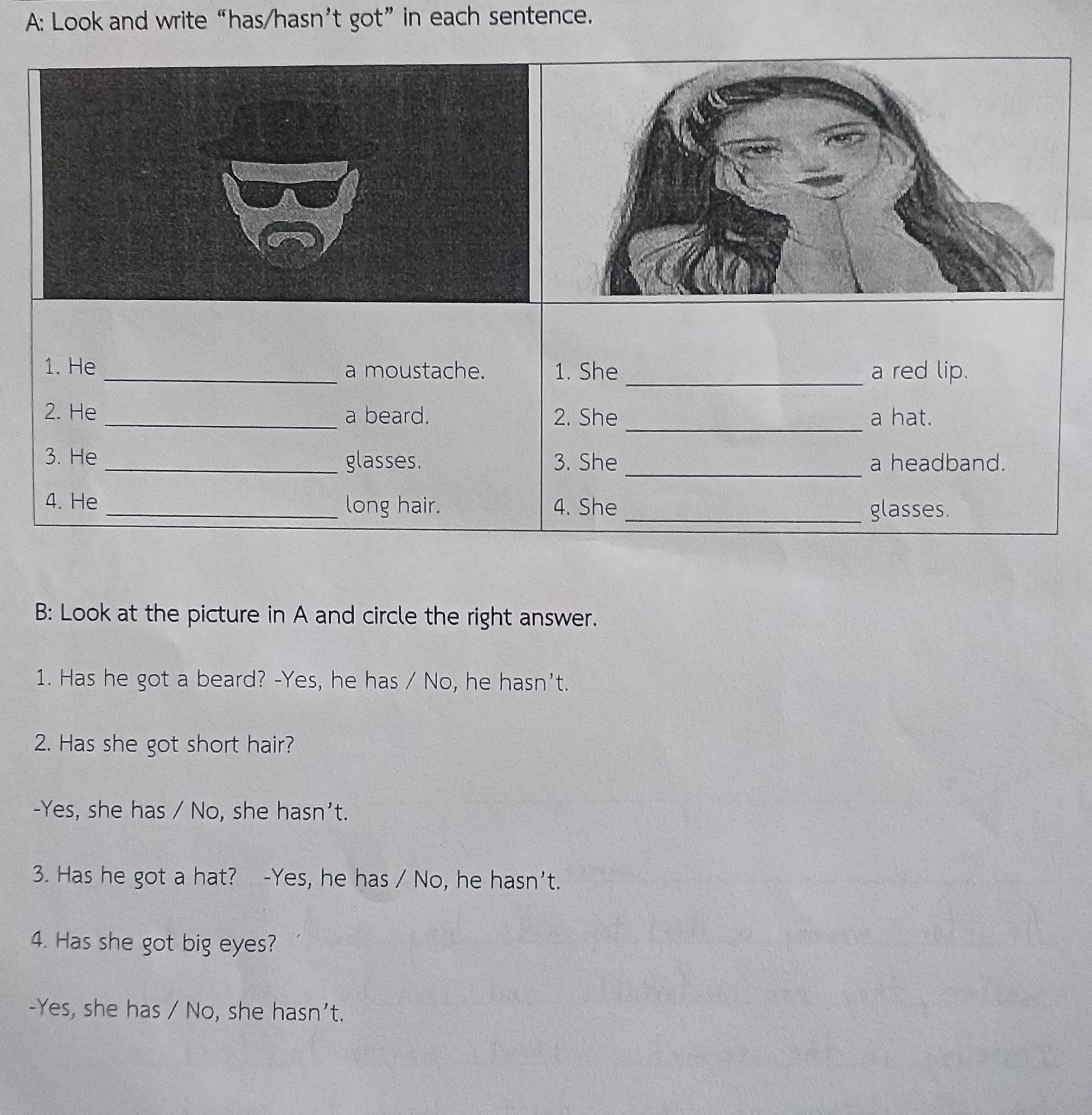 A Look and write has/hasnt got in each | StudyX