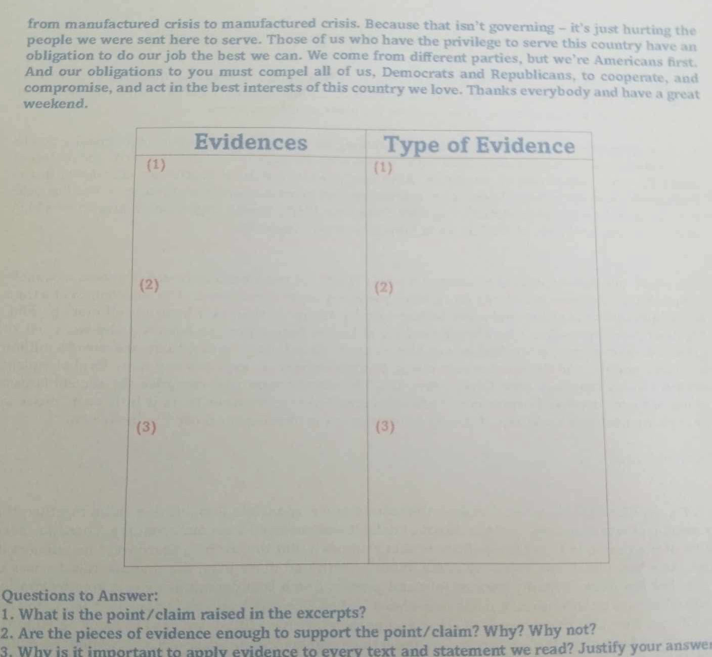 Evidences (1) (2) (3) Type of Evidence (1)