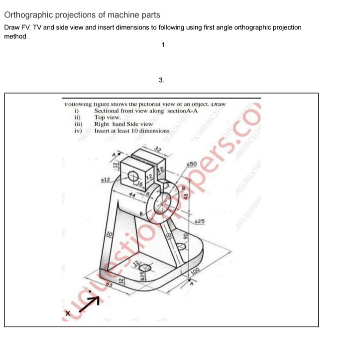 Orthographic projections of machine parts