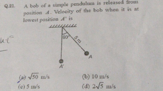 A bob of a simple pendulum is released from