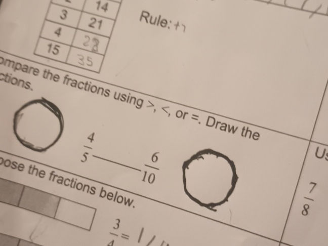 Compare the fractions using >,