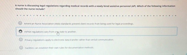 A nurse is discussing legal regulations
