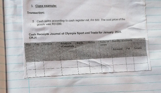 Class example: Transaction: 5 Cash sales