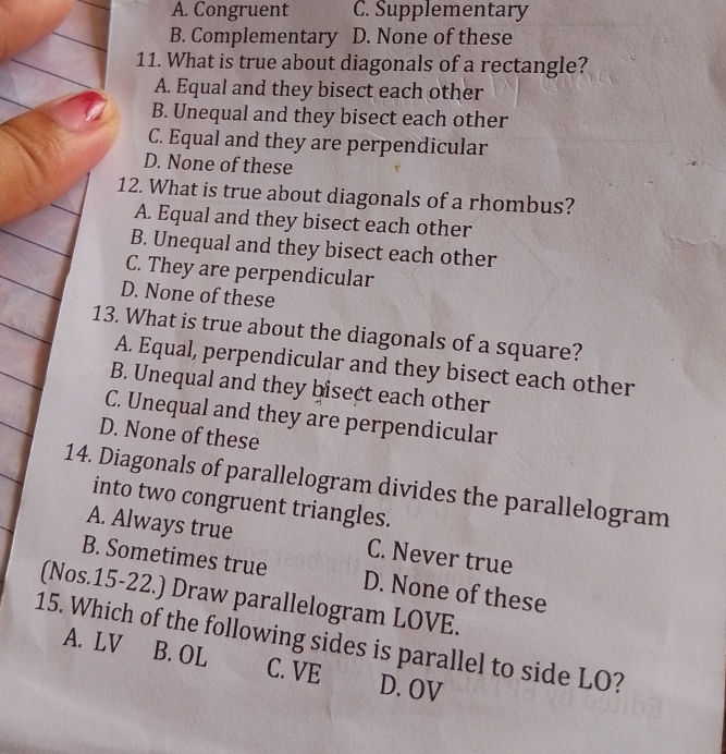 11. What is true about diagonals of a | StudyX