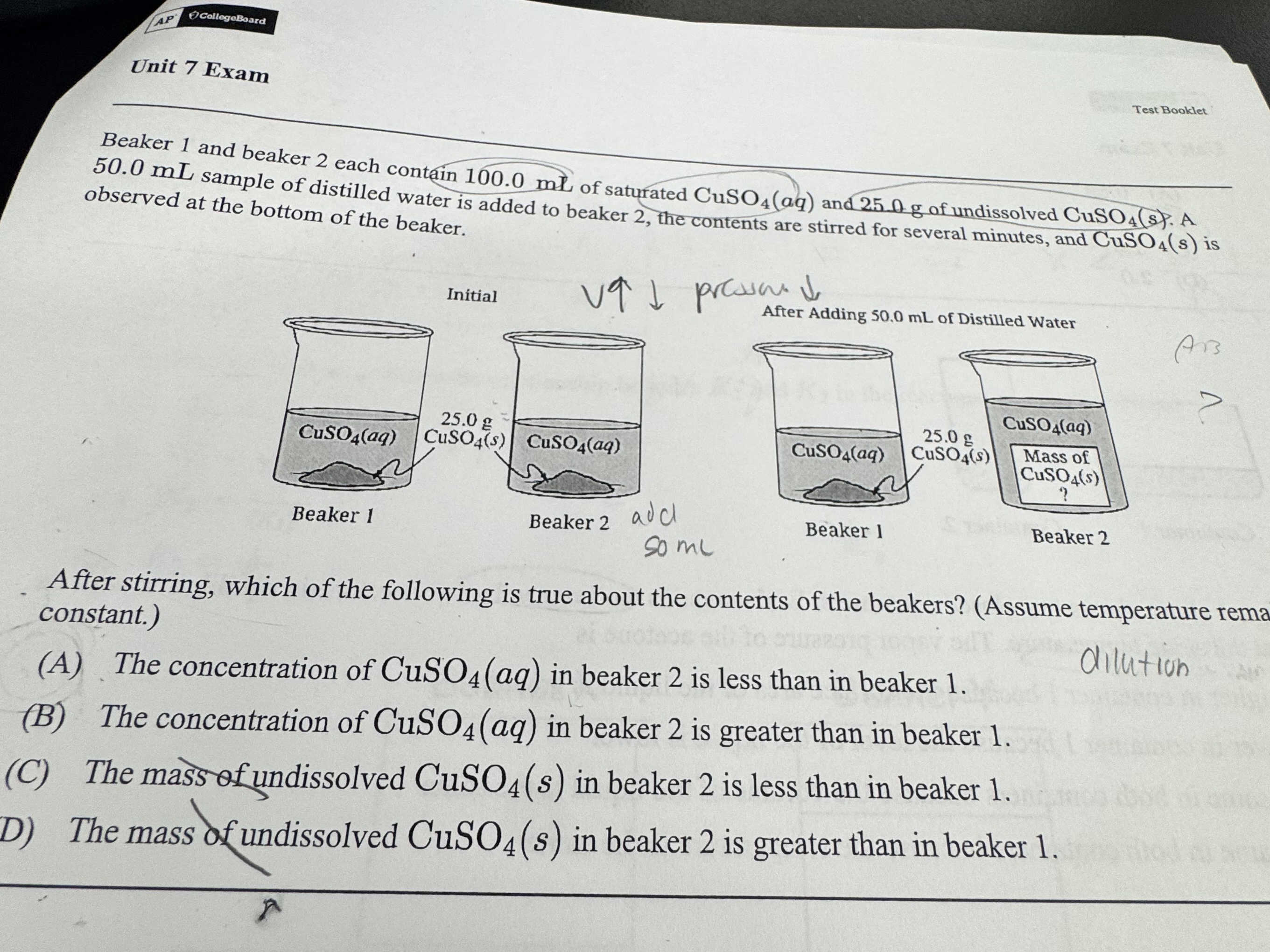 Undissolved Beaker 1 and beaker 2 each contain 100.0 mL