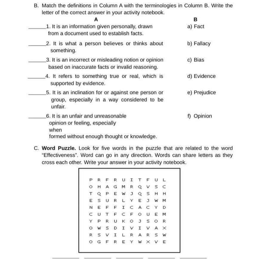 B Match the definitions in Column A with the | StudyX