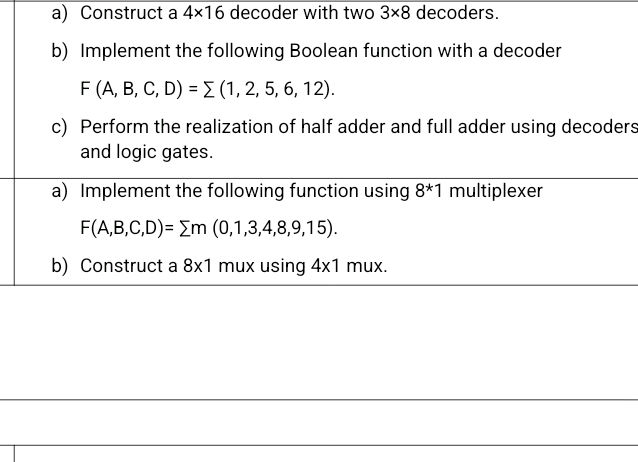 a) Construct a 4x16 decoder with two 3x8