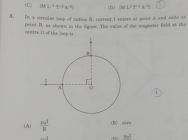 In a circular loop of radius R, current I