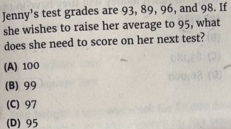 Jennys test grades are 93 89 96 and 98 If