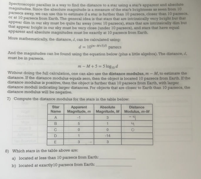 7) Compute the distance modulus for the | StudyX