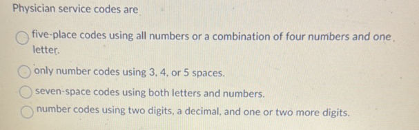 Physician service codes are five-place codes