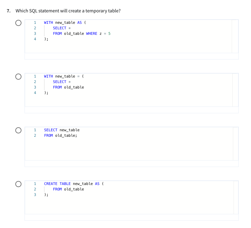 7 Which SQL statement will create a