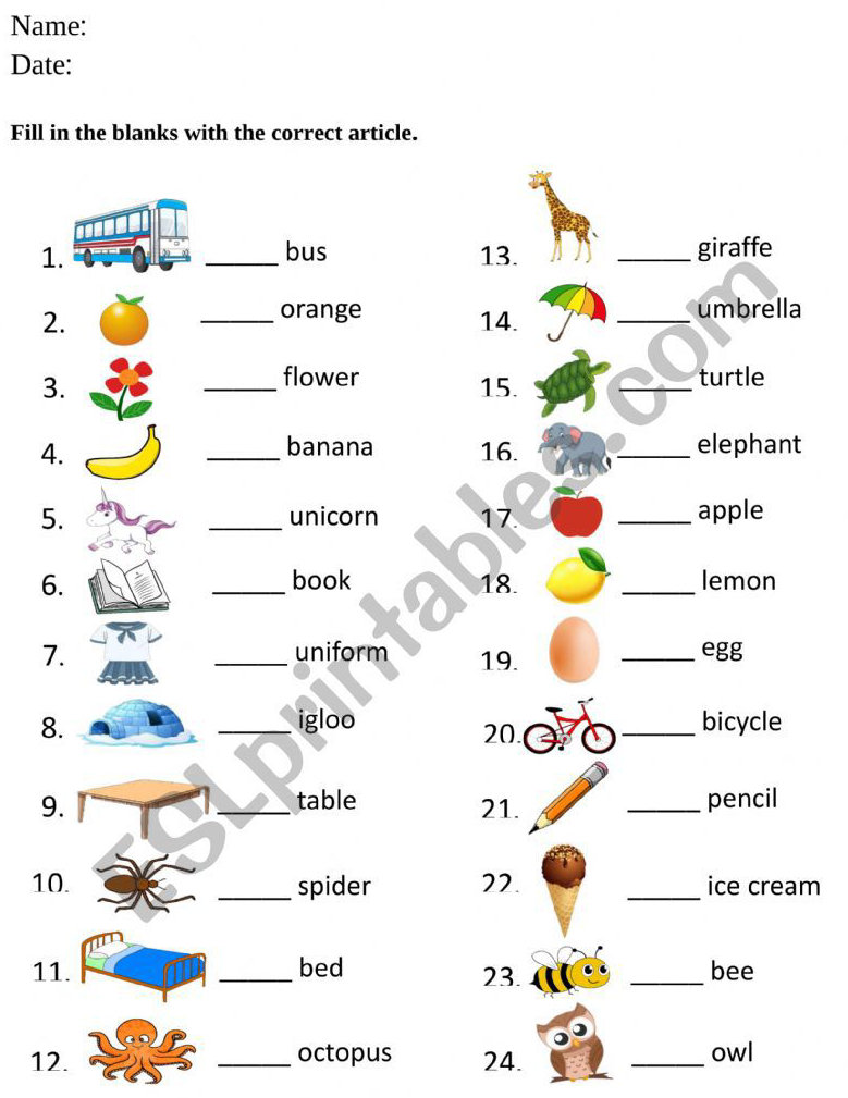 Name: Date: Fill in the blanks with the