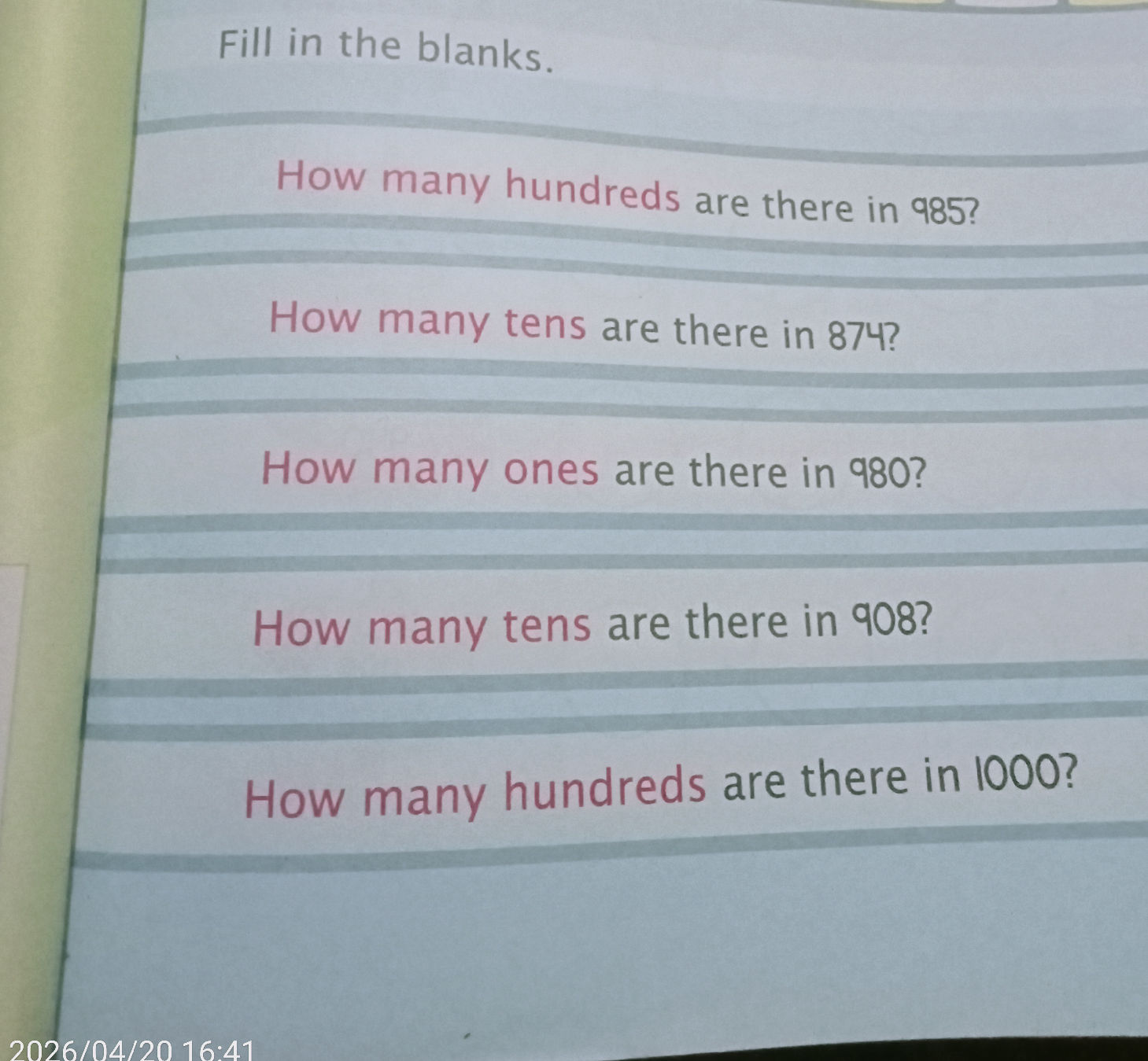 Fill in the blanks. How many hundreds are